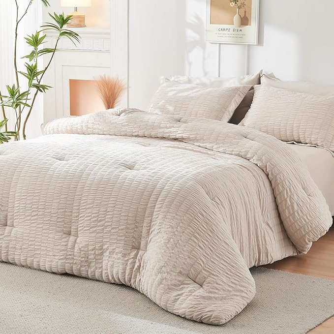 HYMOKEGE Beige California King Comforter Set Seersucker 7 Pieces, All Season - Image 8