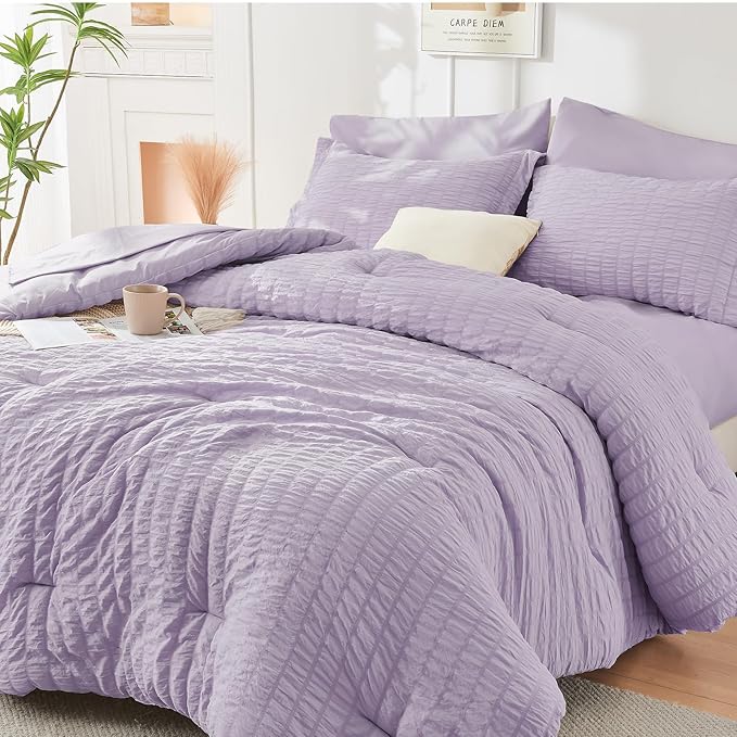 HYMOKEGE Lavender Full Size Comforter Sets Seersucker 7 Pieces, All Season by HYMOKEGE