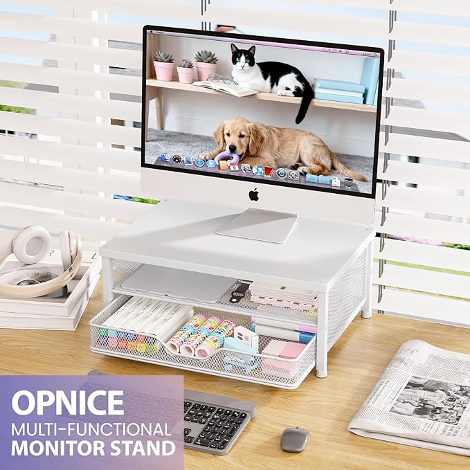 OPNICE Computer Monitor Stand Riser, Desk Organizer with Drawer, Laptop Stand, Office Desk Accessories & Workspace Desktop Organizers Storage for Office Supplies(White)