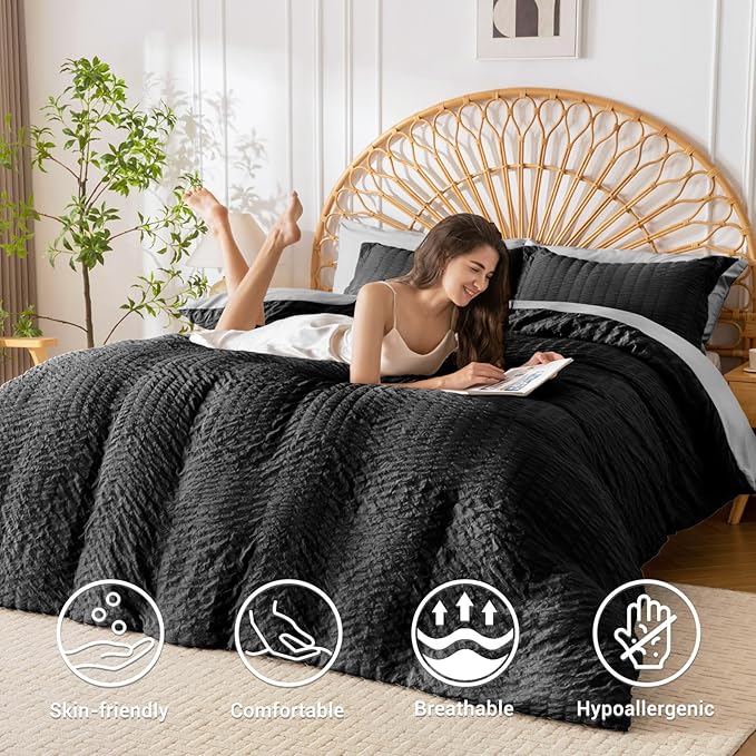 HYMOKEGE Black/Light Grey Duvet Cover Full Size, Ultra Soft 3-Piece Seersucker - Image 2
