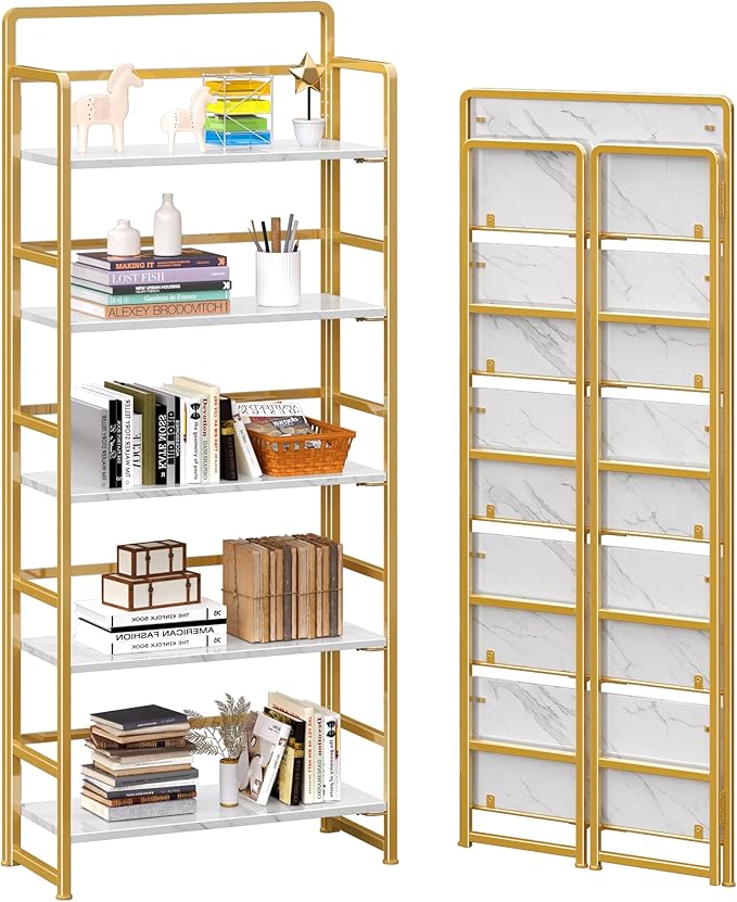 4NM No Assembly 5 Tiers Folding Bookshelf Storage Shelves Vintage Bookcase Standing Racks Study Organizer Home Office (White Gold)