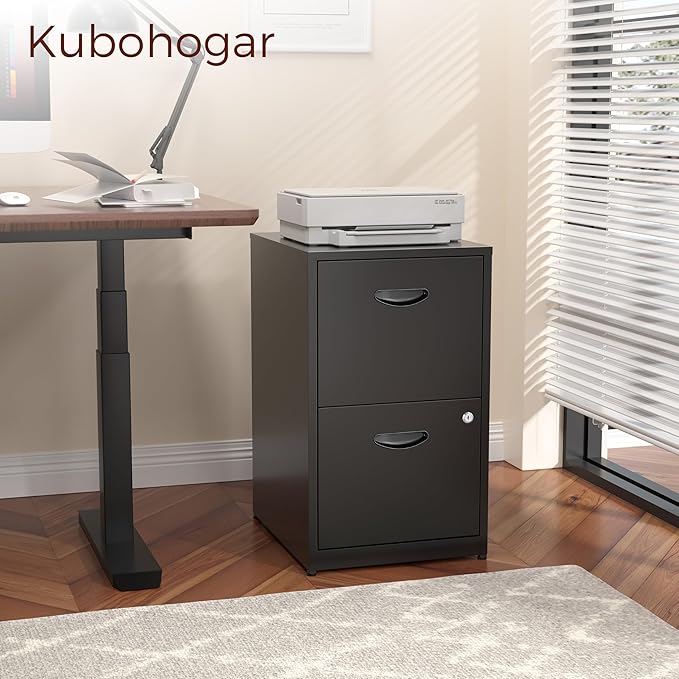 Kubohogar 2 Drawer File Cabinet with Lock,Black Metal Filing Cabinets,Vertical Locking File Cabinet Fit Hanging Files, Letter,File Box and A4 Documents (Black)