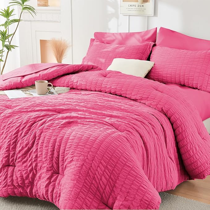 HYMOKEGE Hot Pink Full Size Comforter Sets Seersucker 7 Pieces, All Season by HYMOKEGE