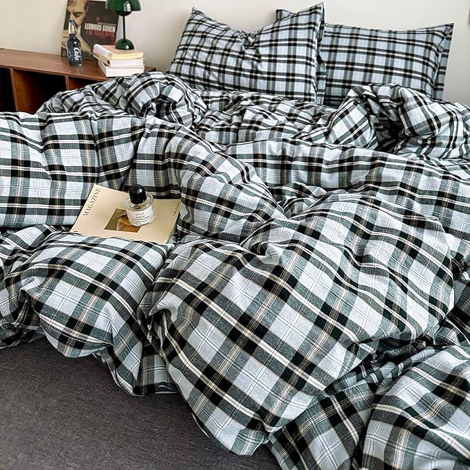 mixinni Vintage Grey & Pale Blue Buffalo Plaid Duvet Cover Set King Size - Image 7