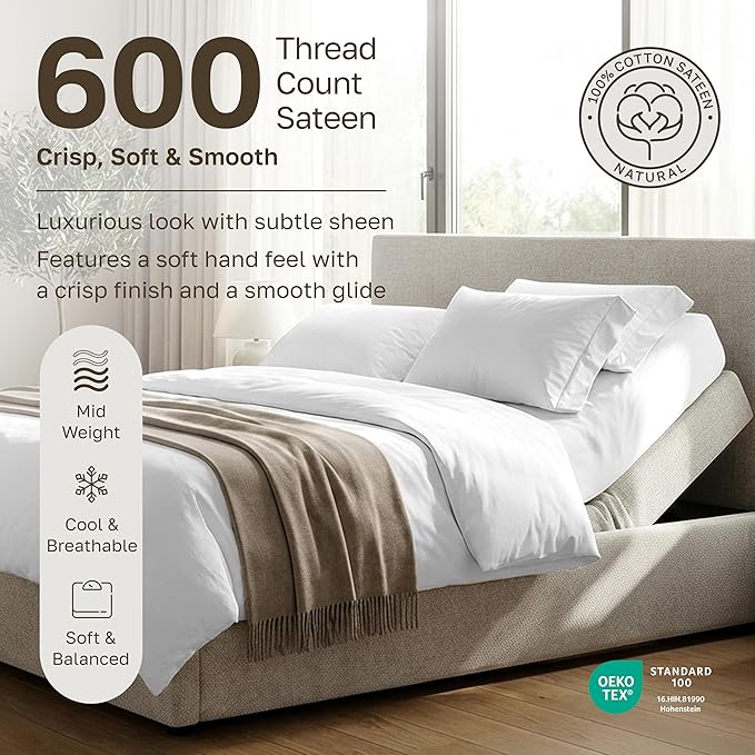 California Design Den 100% Cotton Split King Sheets, 600 Thread Count Sateen - Image 3