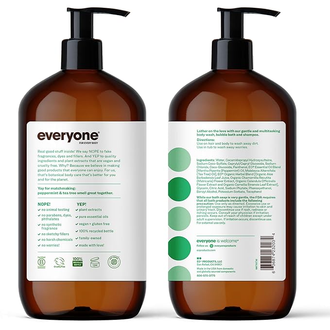 Everyone 3-in-1 Soap, Body Wash, Bubble Bath, 32 Ounce, Peppermint Tea Tree - Image 3