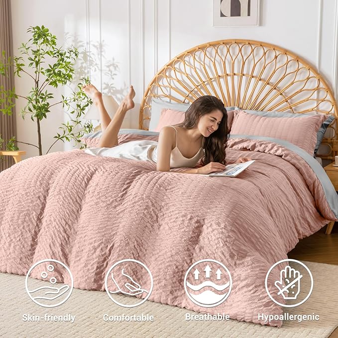 HYMOKEGE Rose Gold/Light Grey Duvet Cover Queen Size, Ultra Soft 3-Piece - Image 2