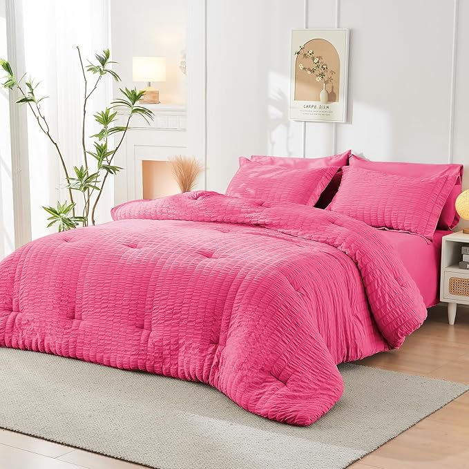 HYMOKEGE Hot Pink Twin XL Comforter Set Seersucker 5 Pieces, All Season Luxury - Image 8