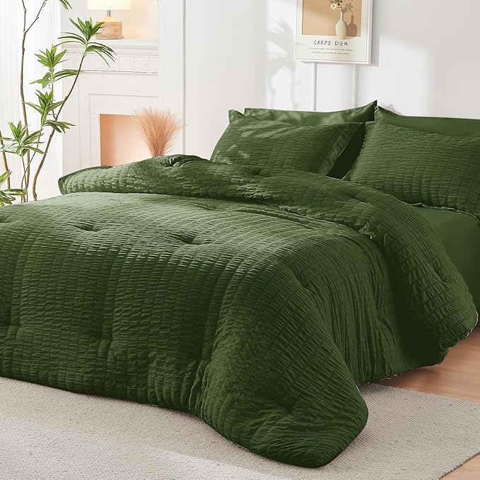 HYMOKEGE Olive Green King Size Comforter Set Seersucker 7 Pieces, All Season - Image 8