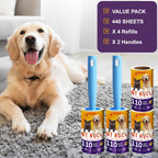 Lint Rollers for Pet Hair Extra Sticky, 440 Sheets/4 Lint Roller Refills with 2 Durable Handles, Pet Hair Roller for Clothes, Furniture, Carpet