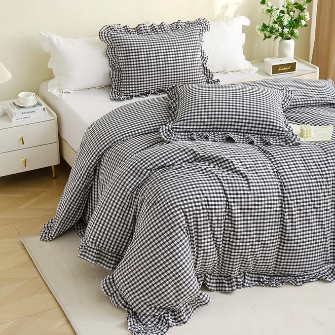Silnuo Black/White Checkered Ruffle 3-Piece Duvet Cover Set King Size, Washed - Image 2