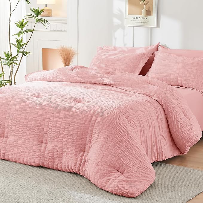 HYMOKEGE Rose Pink King Size Comforter Set Seersucker 7 Pieces, All Season - Image 7