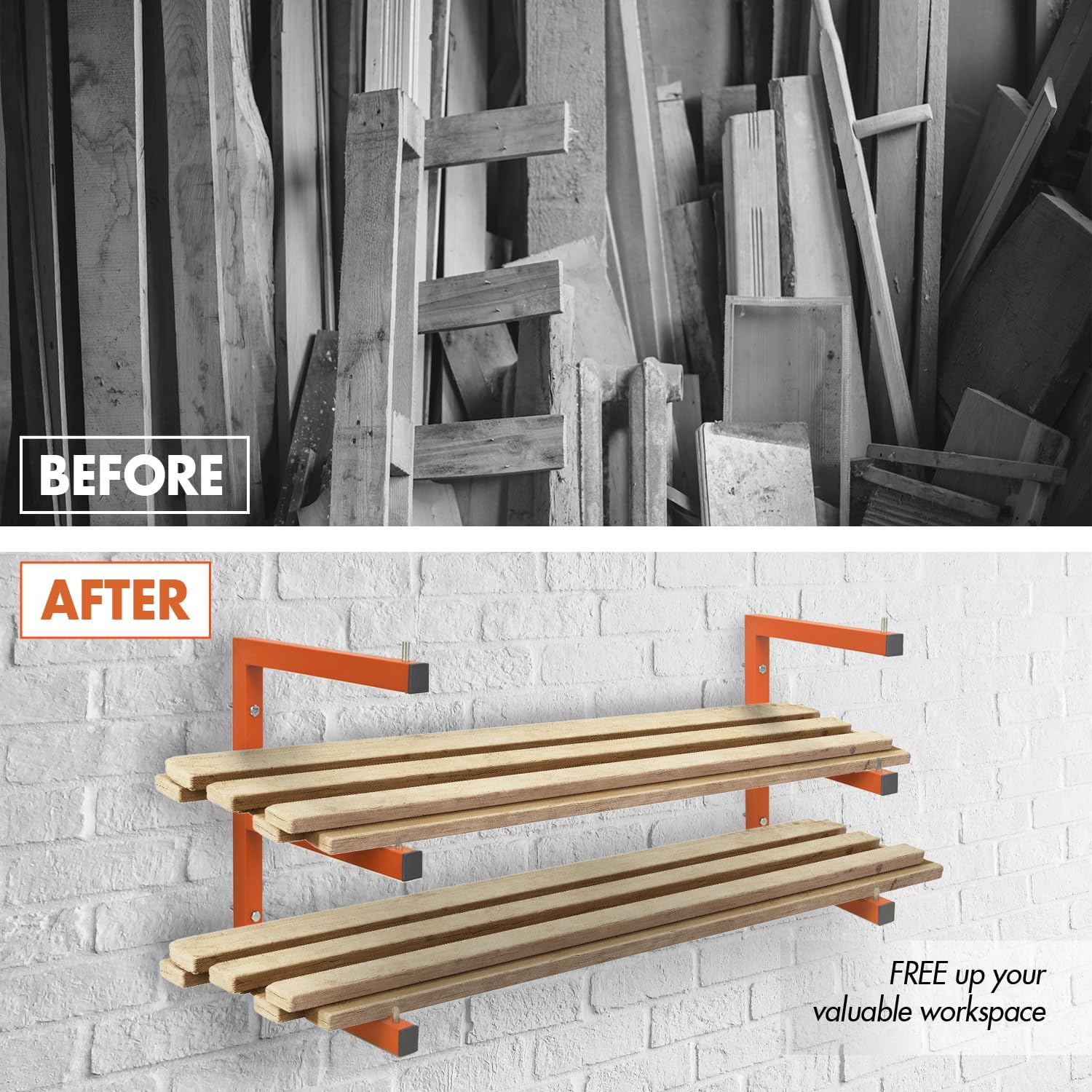 Lumber Storage Metal Rack Wall, Heavy Duty 3-Level Wall-Mounted Wood Rack Organizer for Garage Workshop and Shed (4 Pack)