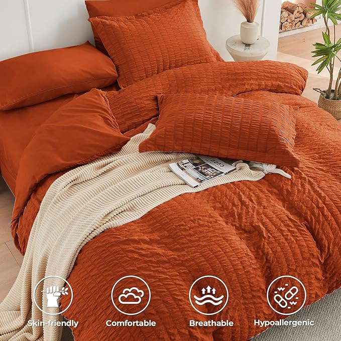 HYMOKEGE Burnt Orange Duvet Cover Queen Size, Ultra Soft 3-Piece Seersucker - Image 2