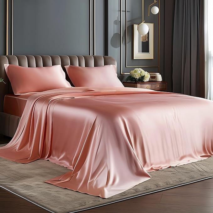BEDELITE Satin Sheets Twin XL Size Bed Set, Luxury Soft Rose Pink Silky Sheet by BEDELITE