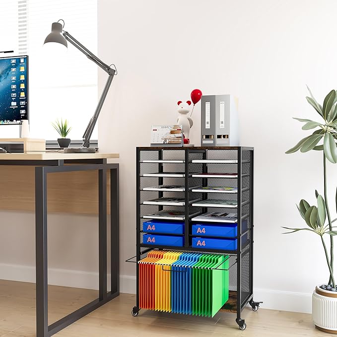 EasyPAG Rolling File Cart with 14 Slot Mail Organizer, Under Desk Storage with Hanging File Rack for Letter/Legal Folders, Mobile Filing Cabinet Printer Stand for Office Home Classroom, Black