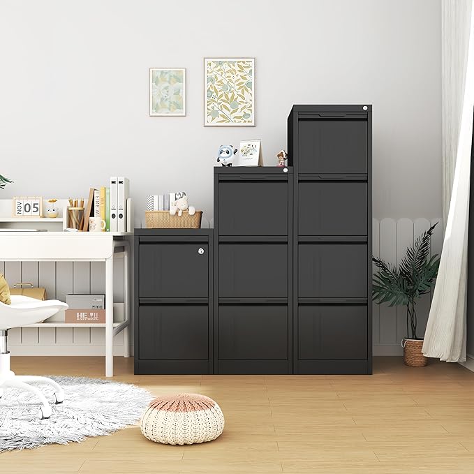 4-Drawer File Cabinet with Lock,Metal Vertical Filing Cabinets for Home Office,Under Desk File Cabinets for Letter/Legal/A4 Size Files,Easy Assemble,Black