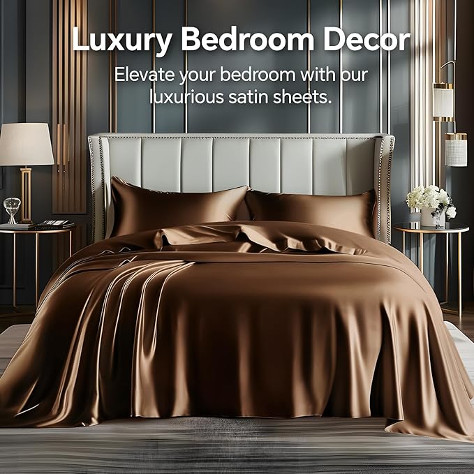 BEDELITE King Size Sheets Set, Luxury Soft Brown Satin Sheets - Image 2