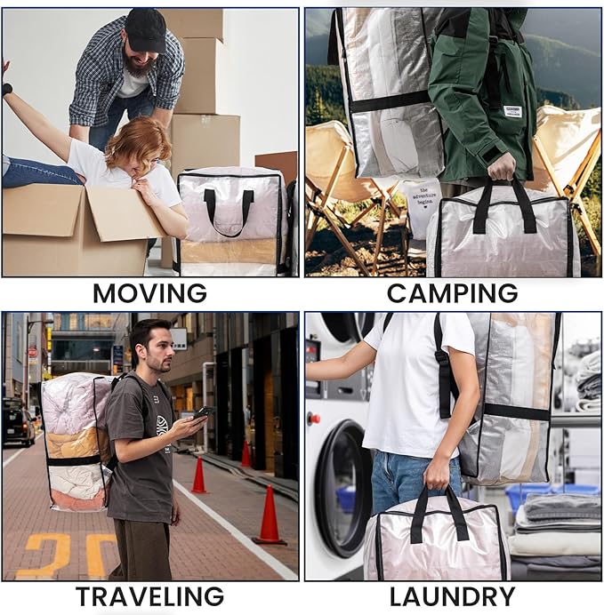 TAILI 2 Pack Clear Moving Bags w/Adjustable Backpack Straps, Moving Supplies, Moving Boxes Alternative, Heavy Duty Storage Totes for College Packing, Camping Backpack for Travel, Dorm, Laundry