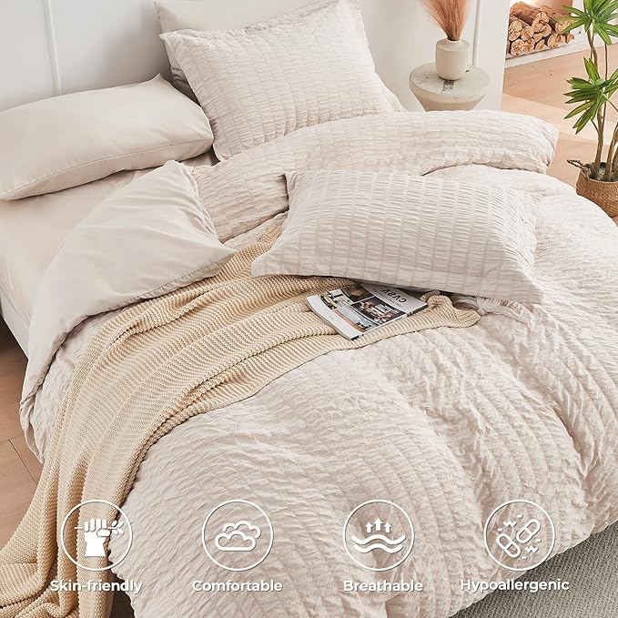 HYMOKEGE Beige Duvet Cover King Size, Ultra Soft 3-Piece Seersucker Duvet Cover - Image 2