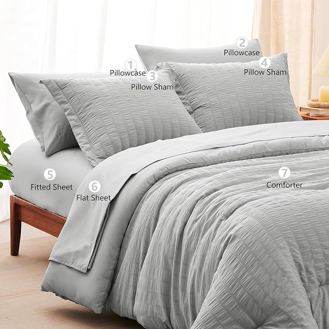 CozyLux Oversized Queen Comforter Set Light Grey Seersucker 7 Pieces 98x98 Bed - Image 8