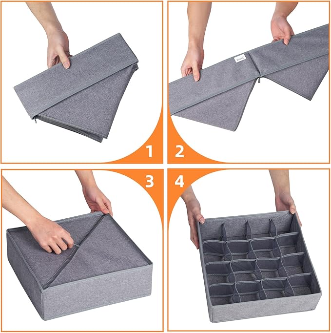 Criusia 3 Pack Sock Underwear Drawer Organizer Dividers, 64 Cell Fabric Foldable Dresser Organizer for Closet Organizers and Storage Boxes for Organizing Socks, Underwear, Ties (16+24+24 Cell, Gray)