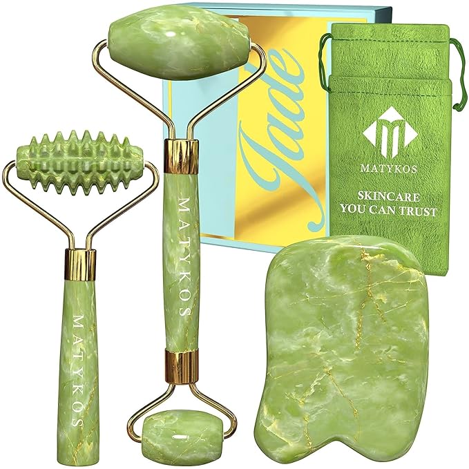 Jade Roller for Face and Gua Sha Set by MatykosBeauty