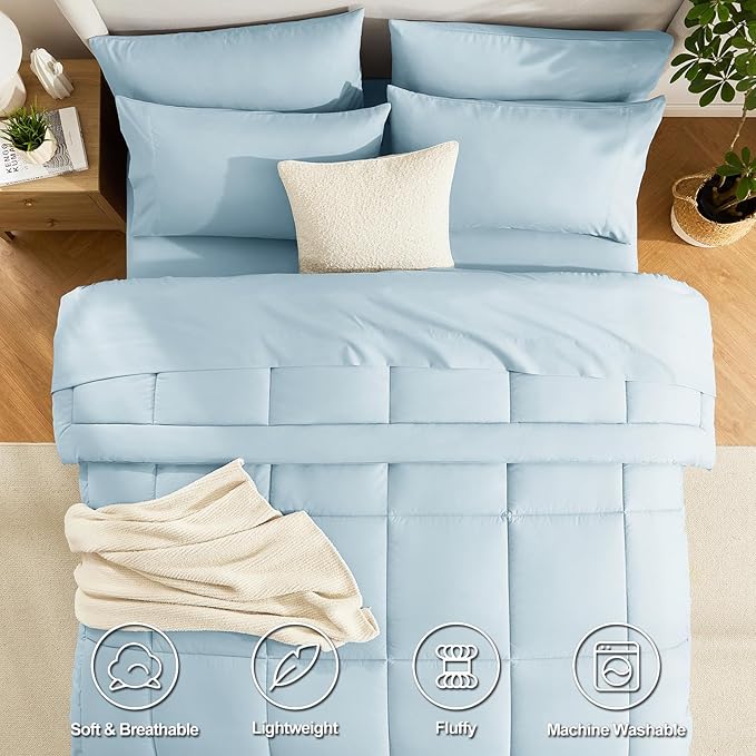 CozyLux King Size Comforter Set Light Blue, 7 Pieces Bed in a Bag, All Season - Image 2
