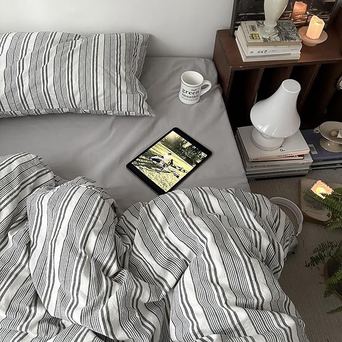 mixinni Vintage Gray & White Striped Duvet Cover Set - Image 6