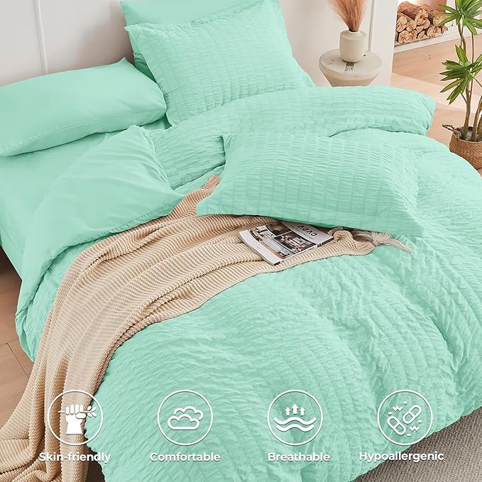 HYMOKEGE Mint Green California King Comforter Set Seersucker 7 Pieces, All - Image 3