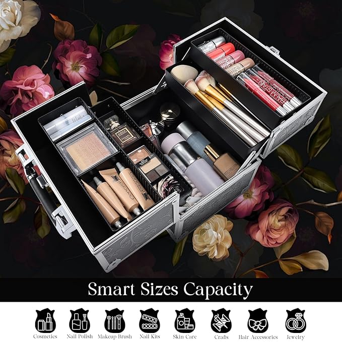 FRENESSA Makeup Train Case Cosmetic Box Portable Makeup Case Organizer 4 Trays - Image 7
