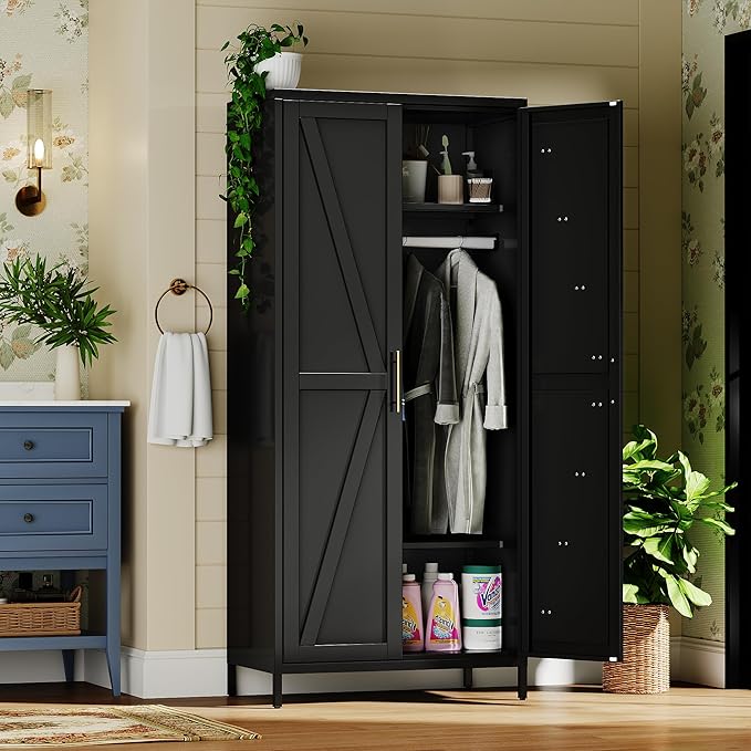 SUPEER Metal Wardrobe Cabinet with Hanging Rod,Metal Wardrobe Closet with Doors and Adjustable Shelves, Armoire Closet Locker for Home,Office,H70.9 X W31.5 X D17.7,Installation Required,Black