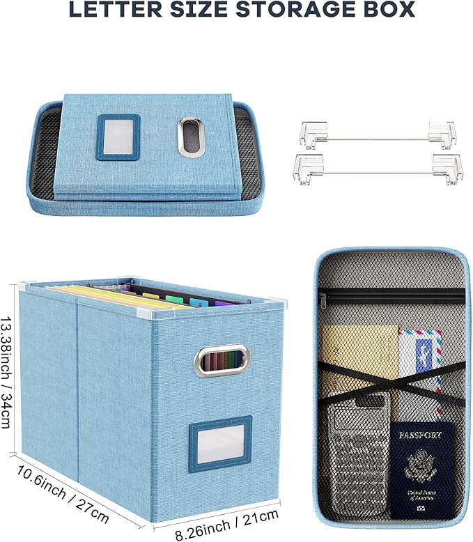 Oterri Portable Document Organizer with Lid, Hanging Storage Box with Mesh Pocket for Letter Files, Smooth Sliding Rail - Sky-blue (1 PCS)