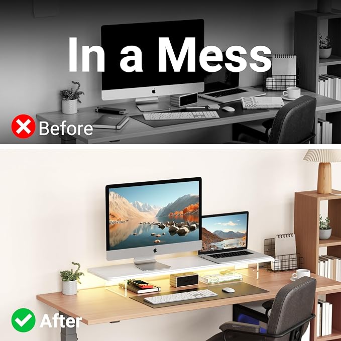 AFOOYO Monitor Stand Riser,31.5-Inch LED Light Wood Computer Monitor Stand with Adjustable Acrylic Legs,Desk Accessories Desktop Organizer Stand for, Computer,Laptop,Printer,PC TV Screen Riser,White