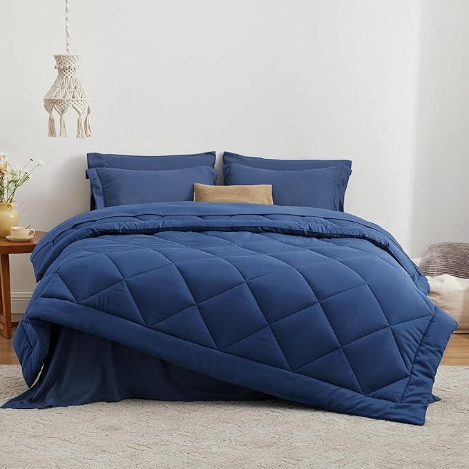 Love's cabin King Size Comforter Set Dark Blue, 7 Pieces King Bed in a Bag - Image 2