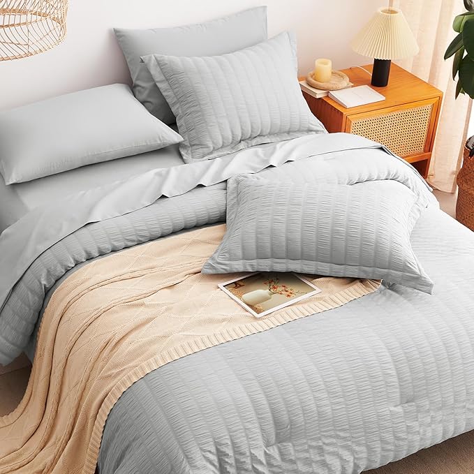 CozyLux Full Bed in a Bag Light Grey Seersucker Textured Comforter Set - Image 6