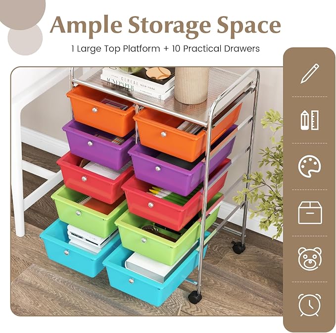 GOFLAME 10-Drawer Rolling Storage Cart, Art Craft Storage Organizer on Wheels, Multipurpose Movable Utility Cart for School, Office and Home, Multicolor