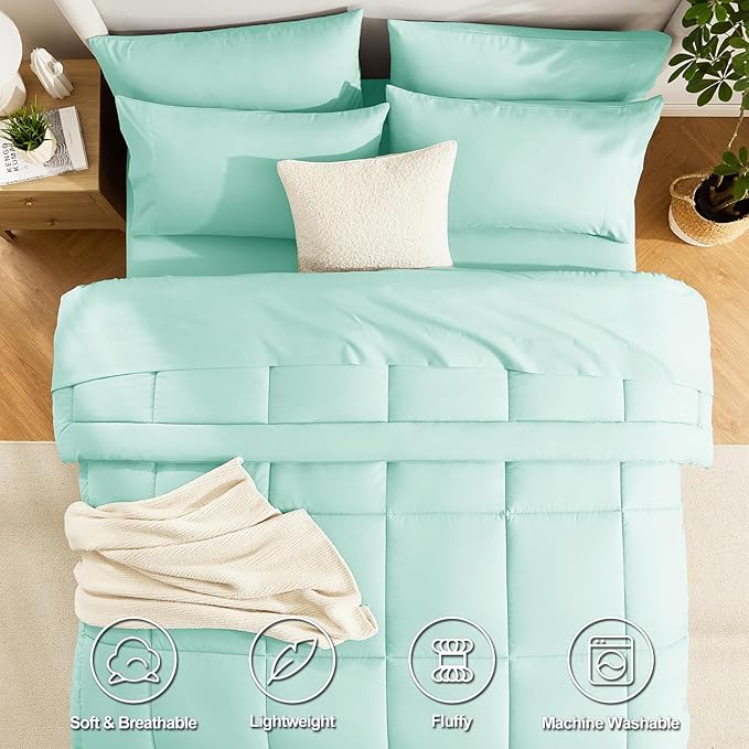 CozyLux King Size Comforter Set Mint Green, 7 Pieces Bed in a Bag, All Season - Image 2