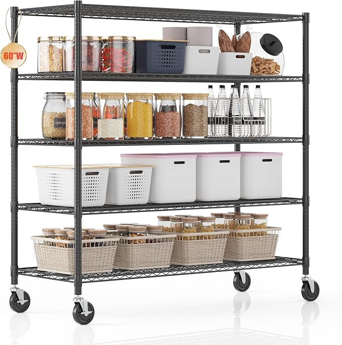 Homdox 5 Tier Storage Racks and Shelving, 24"x60"x82" Heavy Duty Metal Shelves for Storage, 3000LBS Commercial Adjustable Wire Shelving Unit on Wheels for Garage, Pantry, Kitchen, Warehouses, Black