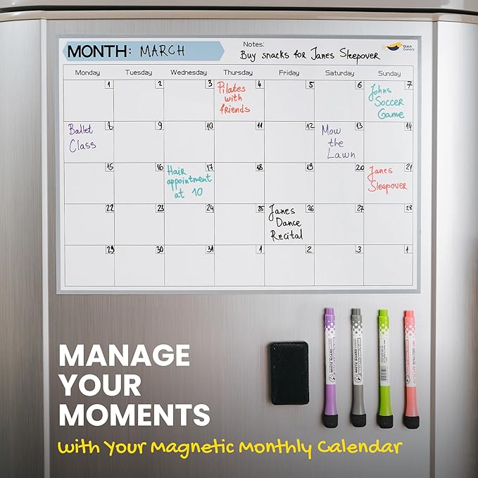 Monthly Magnetic Calendar for Refrigerator - 17x12” Stain-Resistant Dry Erase Fridge Calendar Whiteboard with Large Writing Space for Schedules, Chores & Meals - With 4 Markers & Eraser - Monday Start