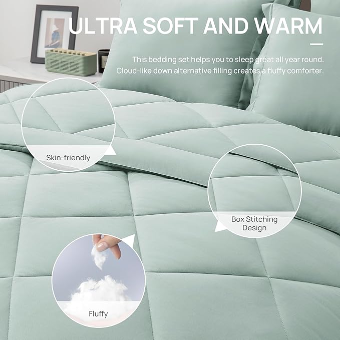 Love's cabin Queen Comforter Set Aqua, 7 Pieces Queen Bed in a Bag, All Season - Image 5