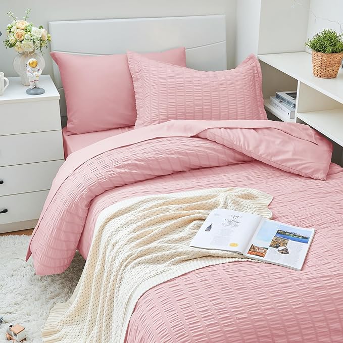 HYMOKEGE Pink Twin XL Comforter Set Seersucker 5 Pieces, All Season Luxury Bed - Image 2