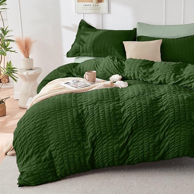 HYMOKEGE Dark Green/Sage Green King Size Comforter Set Seersucker 7 Pieces - Image 2
