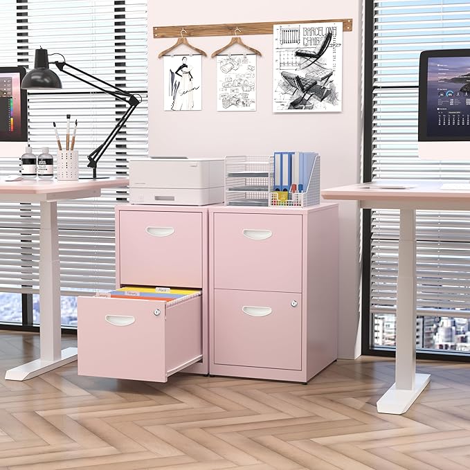 Kubohogar 2 Drawer File Cabinet with Lock,Pink Metal Filing Cabinets,Vertical Locking File Cabinet Fit Hanging Files, Letter,File Box and A4 Documents(Pink)
