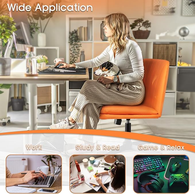 PUKAMI Criss Cross Legged Office Chair,Armless Office Desk Chair No Wheels,PU Leather Modern Swivel Vanity Chair,Height Adjustable Wide Seat Mid Back Computer Task Chair for Home Office