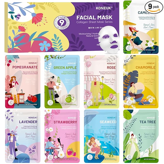 KONEUK 9 Pack Hydrating Face Masks Skincare, Bulk Sheet Face Mask by KONEUK