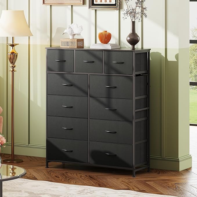 WLIVE Tall Dresser for Bedroom, Fabric Dressers Storage Tower, Dresser & Chest of Drawers Organizer Unit with 11 Drawers, Storage Cabinet, Hallway, Closets, Steel Frame, Wood Top, Charcoal Black