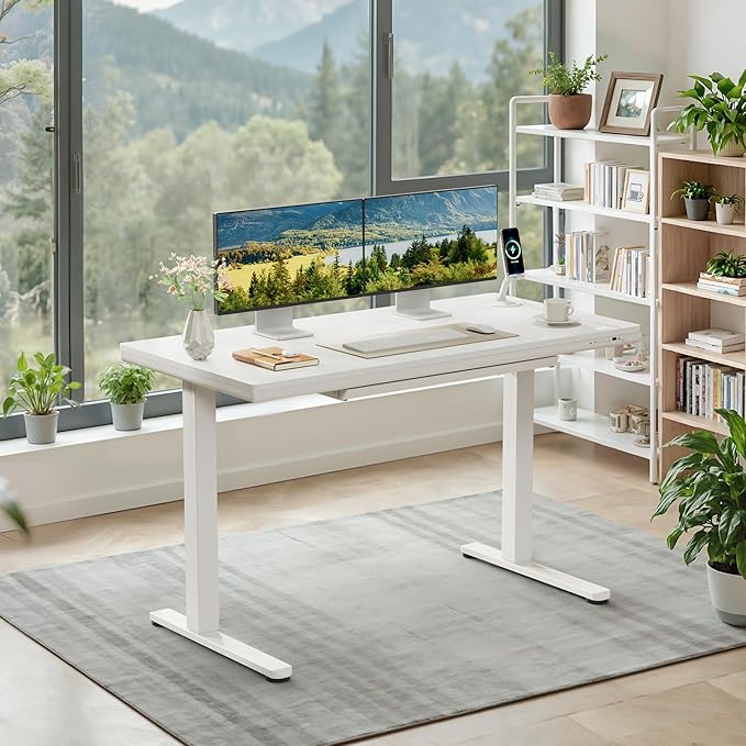 Furmax Adjustable Height Electric Standing Desk with Drawers, 48 Inch Sit Stand Desk with One-Piece Thickened Desktop & USB Charging Port for Home Office Computer Desks (White Desktop, 48 Inch)