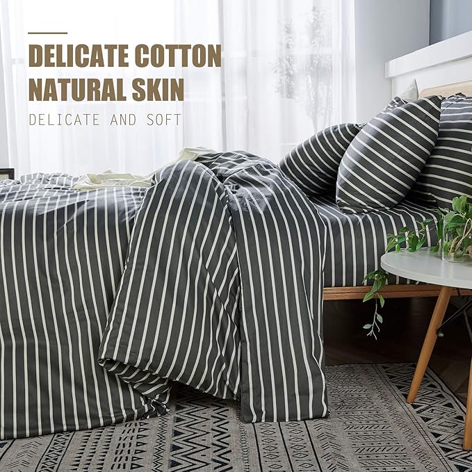 JELLYMONI 100% Natural Cotton 3pcs Striped Duvet Cover Sets, Dark Grey Duvet - Image 3