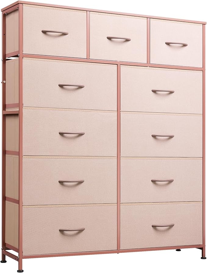 WLIVE Tall Dresser for Bedroom, Fabric Dresser Storage Tower, Chest of Drawers Organizer Unit with 11 Drawers, Storage Cabinet, Hallway, Closets, Steel Frame, Wood Top, Pink